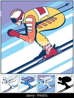 Illustration de skieur dans 5 versions, y compris l'ossature. Pas de transparence et des dégradés utilisés. Illustration de Vecteur