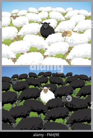 Mouton noir en blanc et troupeau de moutons blancs en noir troupeau. Illustration de Vecteur