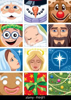 Ensemble de 12 avatars de Noël. Illustration de Vecteur