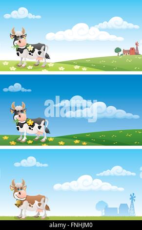 Caricature de pâturage des vaches sur pré. L'illustration est en 3 versions différentes. Illustration de Vecteur