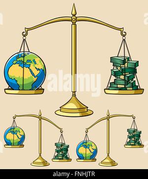 Illustration conceptuelle sur thème de l'environnement, représentant la masse pondérée sur balance contre de l'argent. Il est en 3 versions. Illustration de Vecteur