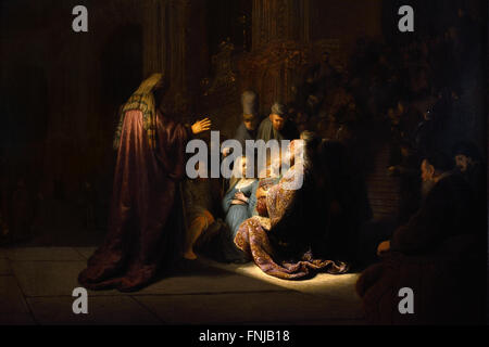 Le chant de louange Siméon 1631 Rembrandt Harmenszoon van Rijn1606-1669 Pays-Bas néerlandais ( Joseph et Marie sont dans le temple de consacrer leur bébé nouveau-né Jésus à Dieu, où l'enfant est reconnu par Siméon comme le messie tant attendu. Le vieil homme le prend dans ses bras et éclate en un chant de louange. La lumière divine qui inonde Siméon semble être de lumière venant de l'enfant lui-même. ) Banque D'Images