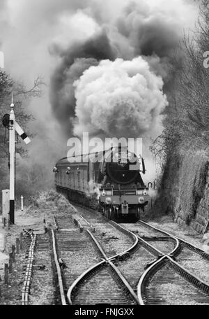 The Flying Scotsman locomotive vapeur arrivant à Goathland station sur le North Yorkshire Moors Railway. Banque D'Images