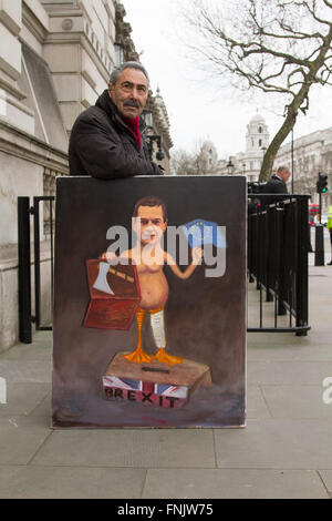 Westminster London,UK. 16 mars 2016. Satiriste politique Kaya Artiste en dehors de Downing Street comme chancelier George Osborne présente son 8e budget à la Chambre des communes et est prévu d'inclure de nouvelles mesures d'austérité une augmentation de la taxe sur le carburant et 4 milliards de réductions de dépenses Crédit : amer ghazzal/Alamy Live News Banque D'Images