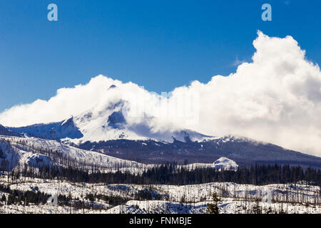 Mt Washington recouverts de neige en hiver avec des nuages couvrant le sommet. Banque D'Images