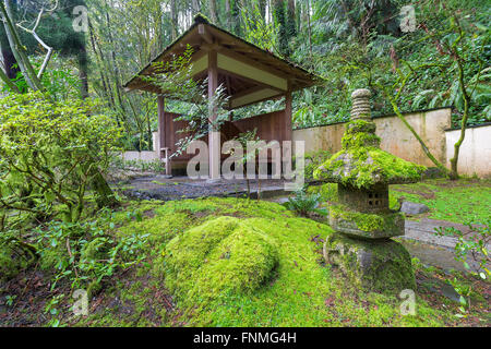 Un abri en bois couvert de la lanterne de pierre de mousse verte au jardin japonais pendant la saison du printemps Banque D'Images