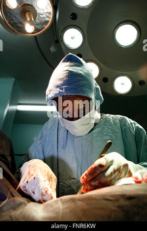 Un chirurgien opère à un patient sous l'utilisation de l'éclairage. Banque D'Images