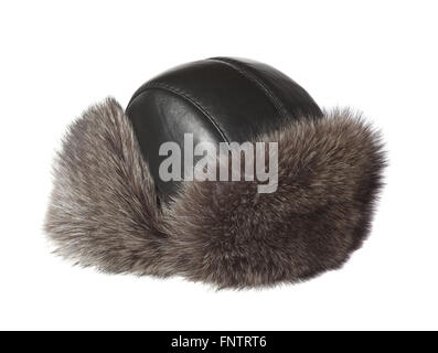 Men's fur hat avec les oreilles sur un fond blanc Banque D'Images