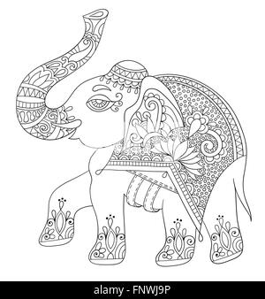Ligne d'éléphants indiens ethniques originaux, adultes coloriages bo Illustration de Vecteur