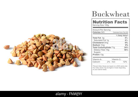 Les graines de sarrasin non cuites avec la nutrition faits sur fond blanc Banque D'Images