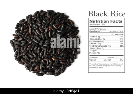 Riz Noir non cuites avec la nutrition faits sur fond blanc Banque D'Images