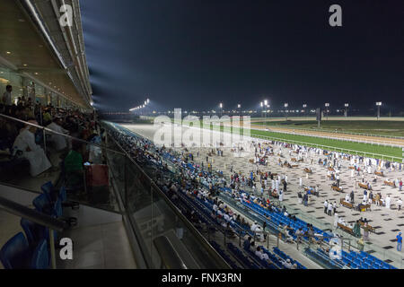 Les spectateurs à regarder les courses de chevaux à la Meydān, Dubaï ÉMIRATS ARABES UNIS Banque D'Images