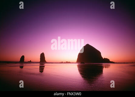 Haystack Rock et les aiguilles au crépuscule, Cannon Beach, Oregon, United States of America Banque D'Images