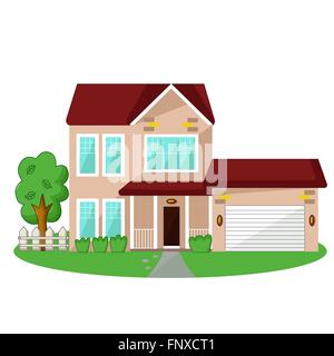 De l'icône isolé maison avec garage et jardin sur fond blanc Illustration de Vecteur