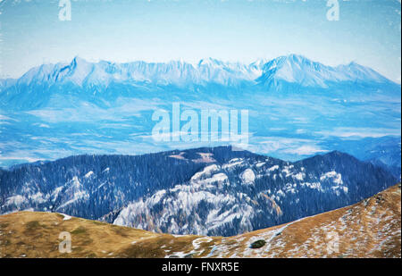 Vue sur les Hautes Tatras de la Basses Tatras. Thème de voyage. Scène de saison naturelle. Ponorama montagnes. Illustration avec le col Banque D'Images