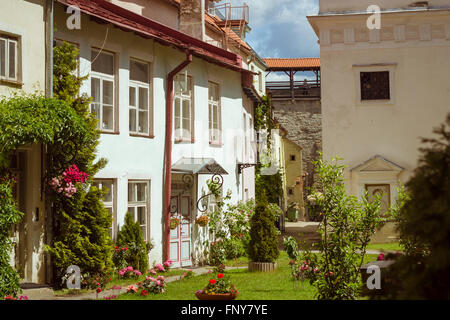 Tallinn, Estonie - 12 juin 2015 : la cour avec jardin verdoyant, murs de bâtiment entouré de plantes exotiques et de fleurs Banque D'Images