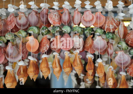 Les coquillages enfilés comme Wind Chimes sur le marché local, Ban Phe, la province de Rayong, Thaïlande. crédit : Kraig Lieb Banque D'Images