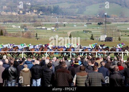 Cheltenham, Royaume-Uni. 17 mars, 2016. Cheltenham Festival, Jour 3, l'Hippodrome de Cheltenham, Gloucestershire la troisième journée du Festival de Cheltenham 2016. Sur la photo : La foule suivre la course au Cheltenham Festival 2016. Vue générale Crédit : Lucy Ford/Alamy Live News Banque D'Images