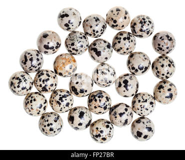 Au-dessus du point de vue de nombreuses perles de jaspe dalmatien aplite (pierre précieuse) sur fond blanc Banque D'Images