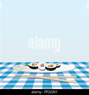 Illustration d'une assiette de sushi sur une nappe bleu coloré. Illustration de Vecteur