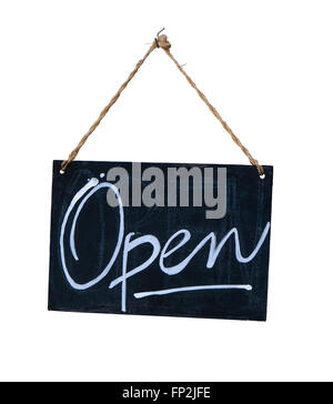 Tableau Noir rustique Hanging Open Sign On A White Background Banque D'Images