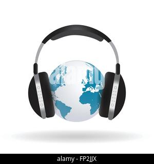 Droit d'écouteurs autour d'un monde isolé sur un fond blanc. Illustration de Vecteur