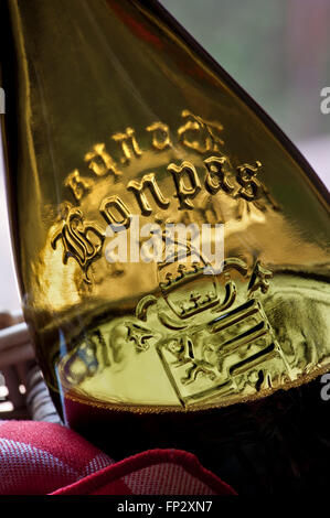 Fermer la vue sur verre relief étiquette sur bouteille de Bonpas Côtes-du-Rhône vin rouge AOC Banque D'Images