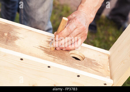 Cabane en bois est en construction, carpenter ajoute détail Banque D'Images