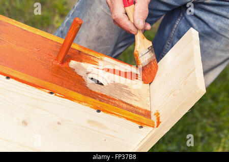 Nichoir maison en bois est en cours de construction, l'ajout de l'emballage de protection sur les murs avec brosse Banque D'Images