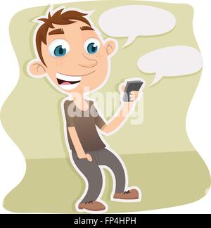 Cartoon homme debout et à l'aide de smart phone with speech bubble Illustration de Vecteur
