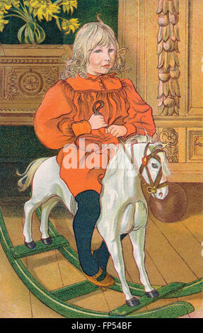 Carte postale d'une fille sur un cheval à bascule par l'artiste suédois Carl Larsson (1853-1919). Banque D'Images