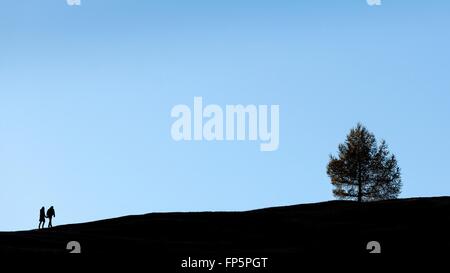 Silhouette jeunes randonnées le long d'un chemin de Prati dell'Armentara, Tyrol du Sud, Dolomites, Italie, Trentino, Tyrol du Sud, Italie Banque D'Images