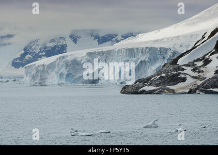 Grand glacier au Paradise Bay, péninsule antarctique. Paradise Harbour, également connu sous le nom de Paradise Bay, est une large baie derrière Lemaire et îles Bryde dans l'Antarctique, la mise en retrait de la côte ouest de la Terre de Graham entre Duthiers et Leniz Points. Le nom a été appliquée pour la première fois par les baleiniers opérant dans les environs et a été utilisé par 1920. C'est l'un des deux seuls ports pour les navires de croisière d'arrêter sur le continent ; l'autre est Neko Harbour. L'Antarctique Argentine Almirante Brown de base se trouve sur la côte de la baie, comme le fait le Chili's González Videla base antarctique. Banque D'Images