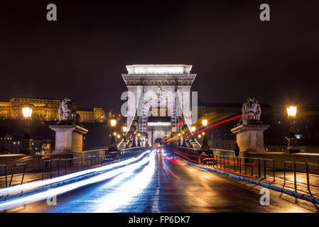 Pont à chaînes Széchenyi, à rainy night in Budapest, Hongrie Banque D'Images