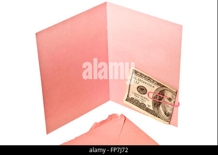 Rose Blanche Carte de souhaits avec Hundred Dollar Bill Banque D'Images