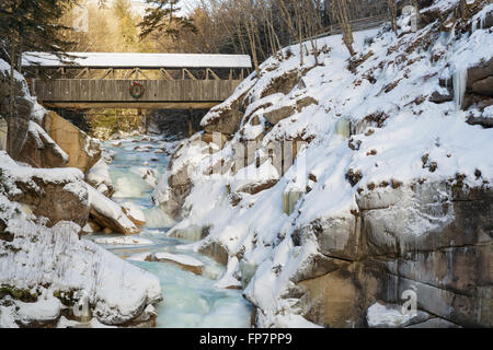 Franconia Notch State Park - Pont couvert de pins sentinelle pendant les mois d'hiver. Banque D'Images
