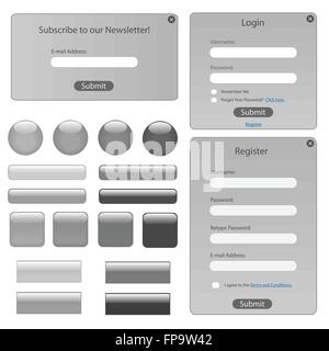 Silver template web avec des formulaires, des bars et des boutons. Illustration de Vecteur