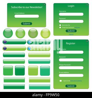 Green template web avec des formulaires, des boutons et des bars. Illustration de Vecteur