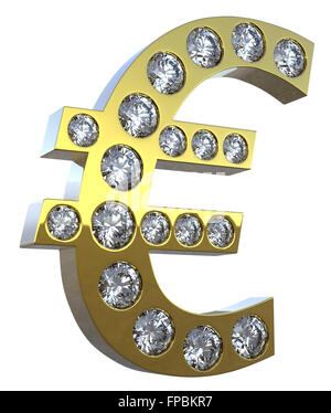 Symbole de l'Euro 3D'or incrustée de diamants blancs plus isolés. Extralarge résolution. D'autres joyaux sont dans mon portefeuille. Banque D'Images