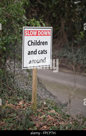 Panneau routier. Ralentir, les enfants et les chats autour. Chemin Rural, Norfolk. Banque D'Images