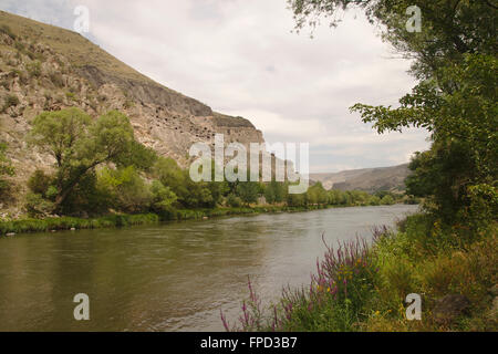 Vardzia, rock-monastère sculpté, vu de la rivière, la Géorgie Banque D'Images