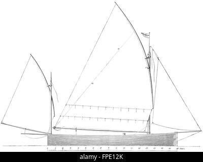 YACHTS : patte permanent Rig : plan de route pour le 17ft voile, antique print 1891 Banque D'Images