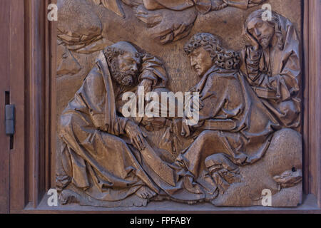 L'agonie dans le jardin. Détail de l'aile latérale du retable Saint Sang (1500-1505) sculpteur allemand par Tilman Riemenschneider à Saint James' Church à Rothenburg ob der Tauber, Middle Franconia, Bavaria, Germany. Banque D'Images