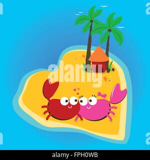 Île en forme de coeur et mignons crabes de dessin animé. Crabes de dessins animés à la plage en vacances. Illustration vectorielle Illustration de Vecteur