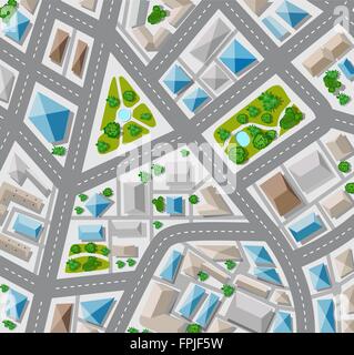 Vue de dessus du plan pour la grande ville avec les rues, les toits, les voitures Illustration de Vecteur