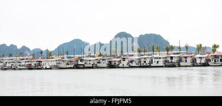 La baie d'Halong, VietnamCruise bateaux dans le port d'Halong. Les croisières sont parfois annulés à cause du mauvais temps je Banque D'Images