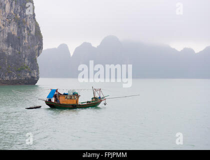 La baie d'Halong, Vietnam Voir du dramatique et mystérieux de la Baie d'Halong, Vietnam avec une jonque pêche fixant entre les îles Banque D'Images