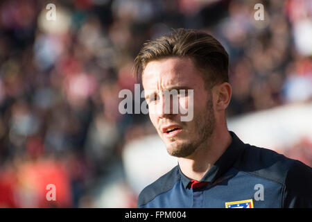 Gijon, Espagne. 19 mars, 2016. Lucas (Atletico de Madrid) en action lors du match de football "La Liga espagnole' entre Real Sporting de Gijón et de l'Atlético de Madrid au Stade Molinon le 19 janvier 2016 à Gijon, Espagne. © David Gato/Alamy Live News Banque D'Images