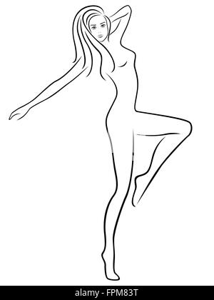 Résumé femme svelte debout sur une jambe pendant l'exercice de remise en forme, dessin à la main contour vectoriel Illustration de Vecteur