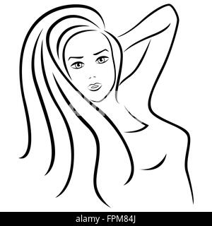 Belle jeune femme demi-tour portrait, dessin à la main contour vectoriel Illustration de Vecteur